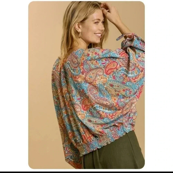 NWT Umgee Multicolored Paisley Print Long Balloon Puff Sleeve V-Neck Blouse(S) - Picture 4 of 13